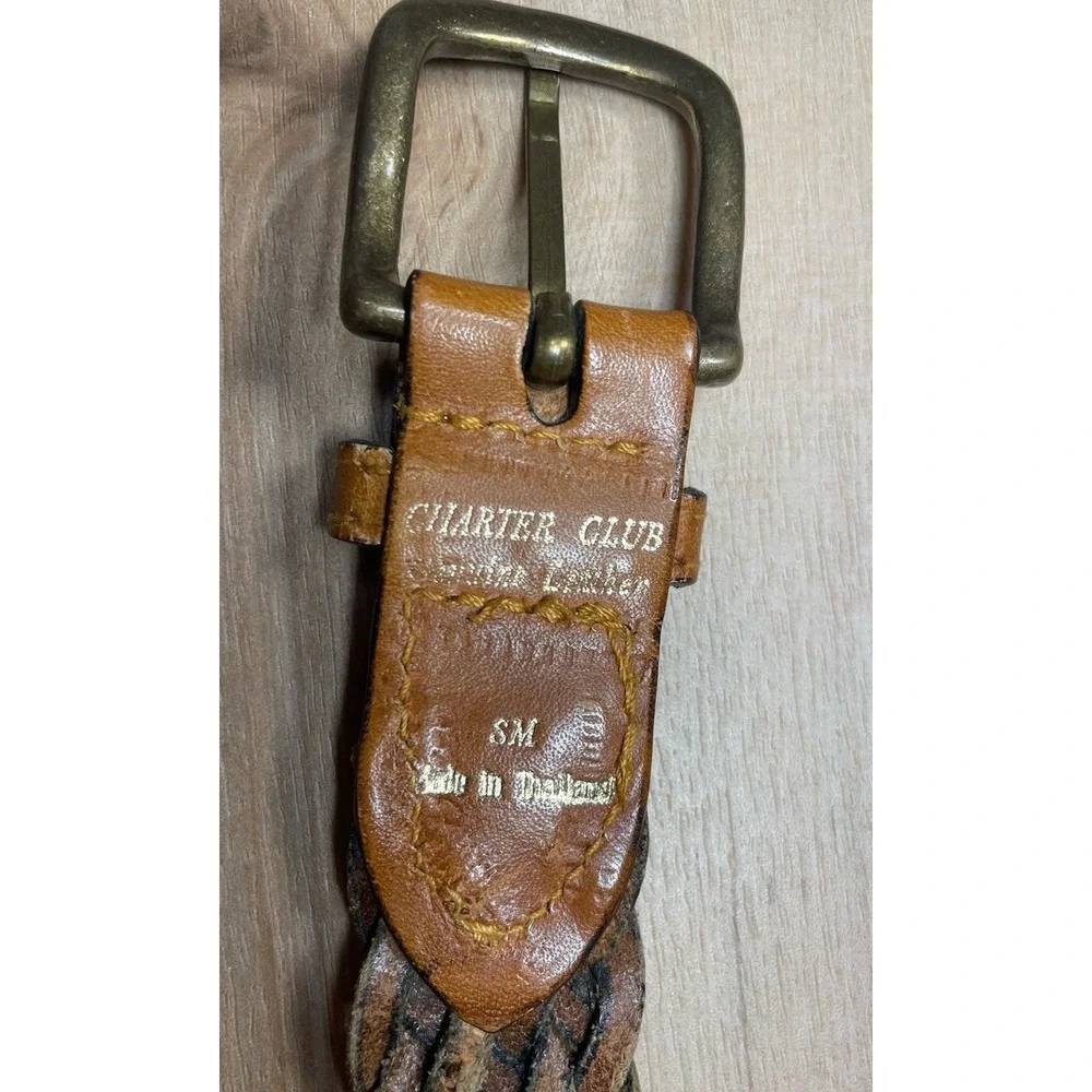 Charter Club Braided Leather Belt Brown Woven Brass Buckle Adjustable‎